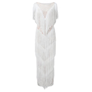 Womens Sexy Deep V Neck Feather Tassel Dress Summer Sleeveless Elegant Fringed Party Long Dress Vestidos De Fiesta 