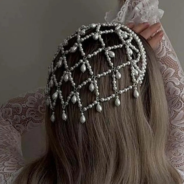 Stonefans Grid Pendant Headdress Costume Women Carnival Headband 1920s Pearl Hair Bohemian Fashion Vintage Headwear Accessories