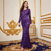 Party Dresses Luxury Women Sequin Dress Purple Round Neck Long Evening Dress Long Sleeved Dress Celebrity Evening Dress Glitter