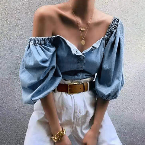 Summer Fashion Office Lady Camisas Blusas Sexy Off Shoulder Bubble Sleeved Denim T-shirt Blouse Beach Party Tops Streetwear