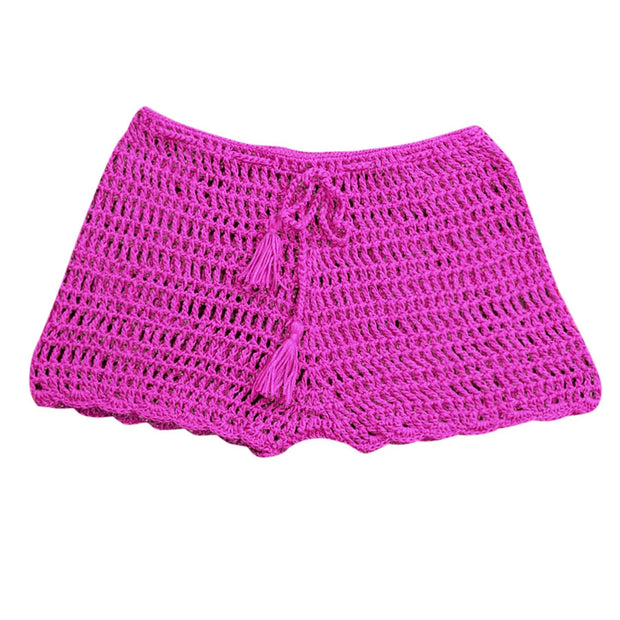 Women's Summer Solid Color Handwoven Crochet Bikini  Shorts Beach Swimming Pants Stretchable Strap Hollow Flat Corner Pants
