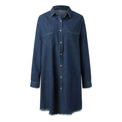 Long Sleeve Denim Female Dress Vintage Loose Button Down Shirt Dresses Ladies Shirts Dress With Pockets Woman Clothing