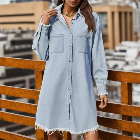 Long Sleeve Denim Female Dress Vintage Loose Button Down Shirt Dresses Ladies Shirts Dress With Pockets Woman Clothing