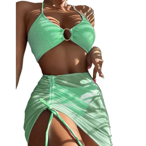 Bikini Women'S Sexy Solid 3 Piece Bathing Suit Seductive Hollow Buckle Biquini With Adjustable Drawstring For Womens купальники