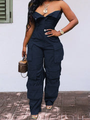 Solid Color Casual Overalls Jumpsuit, Sexy Straight Tube Tube Top Long Jumpsuit, With Pockets, Women's Wear