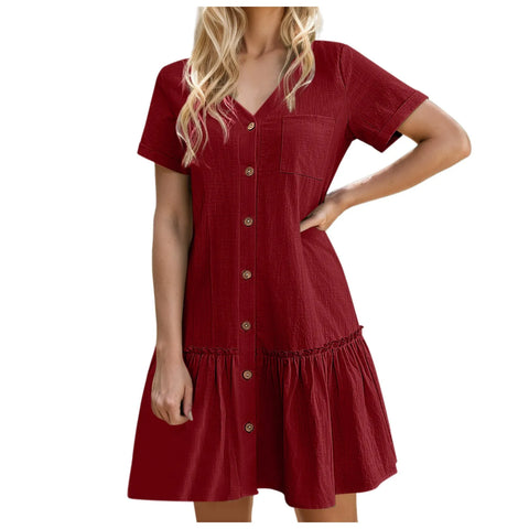 Female Dresses Outfits Women Button Down Dress Loose Summer Cotton Linen Shirt Dress Ruffle Casual Tunic Dress платье женское