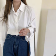 Female Solid Color White Long Sleeved Shirt Spring And Autumn Korean Shirt Loose Casual Blouse Women's Button Up Shirt