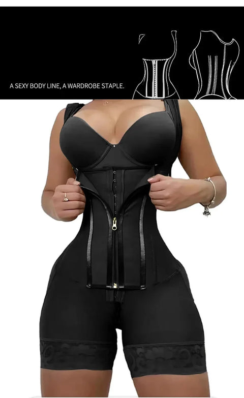 Body Shaper Shapewear Women Bodysuit Colombian Fajas 9-bone High Compression Girdle Double Tummy Control,Open Crotch with Zipper