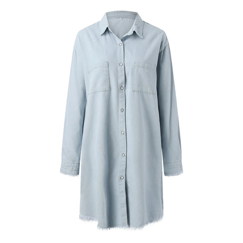 Long Sleeve Denim Female Dress Vintage Loose Button Down Shirt Dresses Ladies Shirts Dress With Pockets Woman Clothing