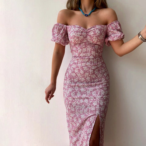 One Line Collar Holiday Dress Wrap Buttocks Slim Waist Dresses With Slit Temperament Chiffon Floral Dresses For Women Plus Size