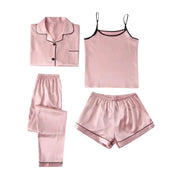 Sleepwear Women Long Sleeve Suspenders Long Pants Shorts Pajamas 4 Piece Set Ice Silk Quick Dry Night Dress Trouser Shirt