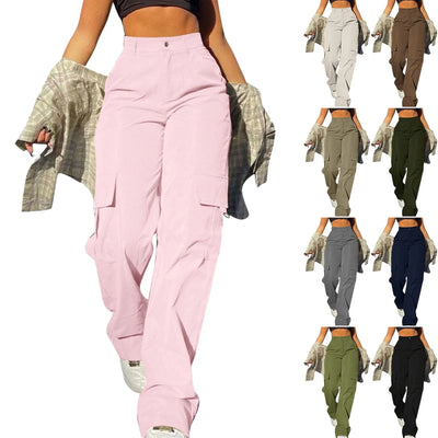 Women's Loose Cargo Pants High Waist Wide Leg Solid Color Full Length Trousers with Pockets Casual All Seasons Long Pants