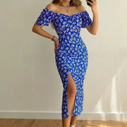 One Line Collar Holiday Dress Wrap Buttocks Slim Waist Dresses With Slit Temperament Chiffon Floral Dresses For Women Plus Size