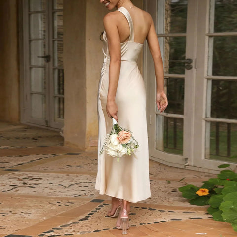 Elegant Women'S Dresses Women'S Satin One Shoulder Wedding Guest Bodycon Dress Cocktail Evening Party Maxi Dresses فستان العيد