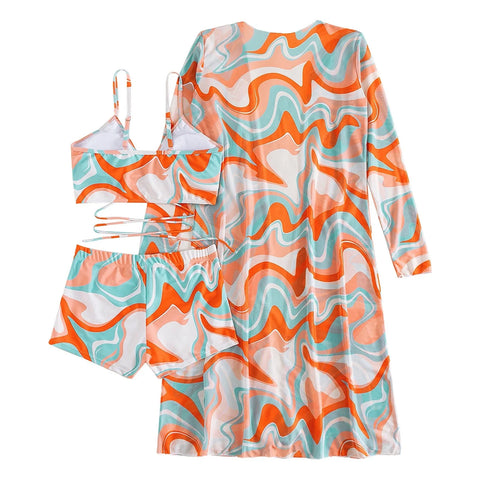 3 Pcs/Set Women Bikini Cover Up Set Contrast Color Long Sleeves Cover Up Spaghetti Strap Swimwear Set Water Activity Clothes
