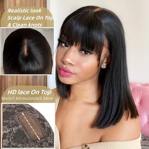 Straight Human Hair Wigs With Bangs Fringe Middle Part Bob Lace Wigs Realistic Scalp Brazilian Straight Bob Lace Wigs With Bangs