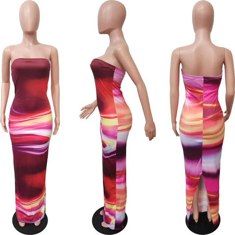 Echoine Tie Dye Print Strapless Skinny Long Dress Women Bodycon Sexy Party Evening Dresses Streetwear Vintage Vestidos Summer