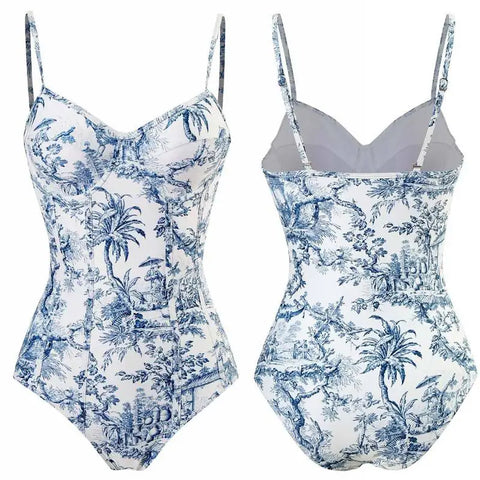 Swimsuit Women One-Piece Bikini Wrap Skirts Bathing Suits Floral Print Swimsuit Slimming Backless Tummy Control Swimwear V Neck