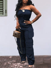 Solid Color Casual Overalls Jumpsuit, Sexy Straight Tube Tube Top Long Jumpsuit, With Pockets, Women's Wear