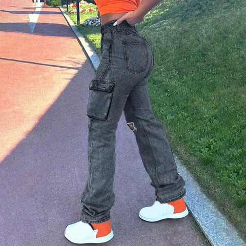 Women'S Jeans New Trendy Fall Wholesale Casual Washed Baggy Pocket Cargo Straight Trousers Jeans Ladies Streetwear Black Denim