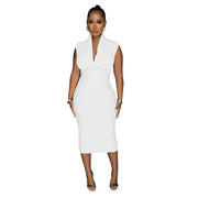 Women Draped Deep V-neck Sleeveless Bodycon Bandage Midi Dress 2023 Fashion Street Vestidos Sexy Party Evening Dresses