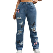 Oversized Womens Jeans Boyfriend Jeans Plus High Waist Wide Leg Jeans Woman Blue Jeans Butterfly Printed Trousers With Holes