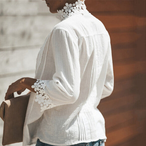 2022 Spring Summer Casual Blouse Women Top And Blouse Lace Crochet Half Sleeve Shirts Elegant Ladies V-Neck Loose Boho Blouse