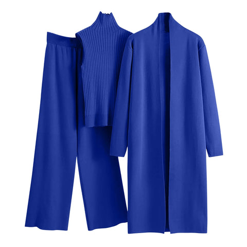 Ladies 3 Piece Outfits Sweater Sets Pullover Crop Top & Knitted Long Cardigan & Wide Leg Pants Suits Autumn Clothes Sets