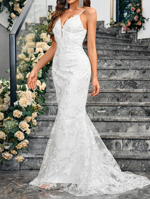 Mermaid Wedding Dress for Bride 2025 Deep V-neck Elegant Bridal Prom Gowns White Long Backless Sleeveless Wedding Party Gowns