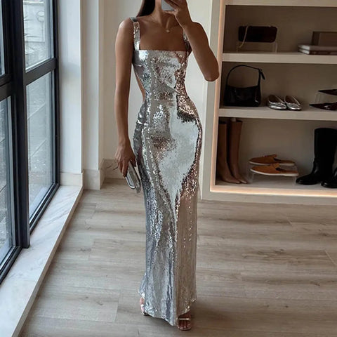 Sliver Sequins Formal Evening Dress for Women Fashion Square Neck SKinny Sleeveless Maxi Dress Female Bodycon Party Dresses