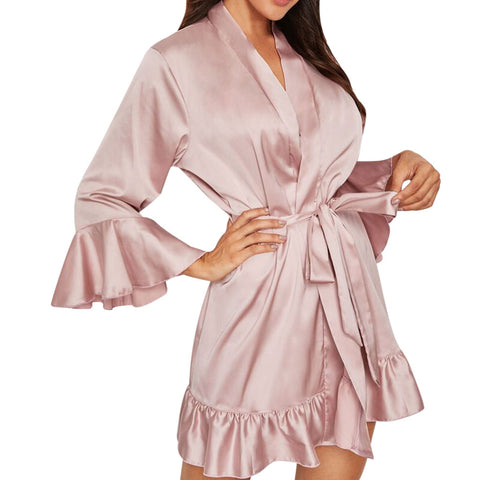 oversized Fashion Sexy Lace Satin Sleepwear Women Ladies Night Dress Lingerie Nighties Ruffle Wrap Robe Lace Up Loose Nightgown