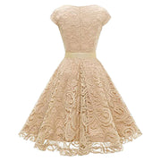 Women's Lace Party Dress Summer Short Sleeve O Neck Swing High Waist Bridesmaid Dress Bow Tie Formal Cocktail Swing A Line Dress