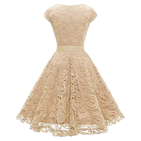 Women's Lace Party Dress Summer Short Sleeve O Neck Swing High Waist Bridesmaid Dress Bow Tie Formal Cocktail Swing A Line Dress