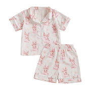 Summer Boy Girl Easter Satin Pajamas Set Bunny Print Short Sleeve Lapel Button Down Tops with Shorts Sleepwear