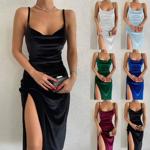 Elegant Green Long Party Dresses Women Sexy Pile Neck Slimming Velvet Evening Dress Female Side High Slits Prom Dress Vestidos