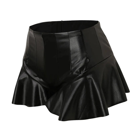 Women Leather Sexy Mini Skirt High Waist Pleated Ruffled Hem Short Hip Pleated Skort Club Shorts Women'S Shorts Outfits Clothing