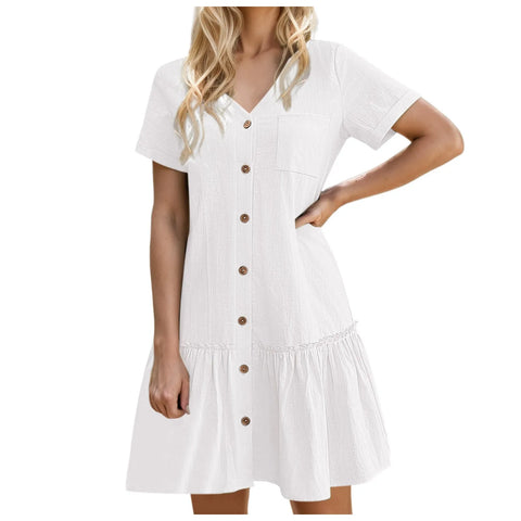 Female Dresses Outfits Women Button Down Dress Loose Summer Cotton Linen Shirt Dress Ruffle Casual Tunic Dress платье женское