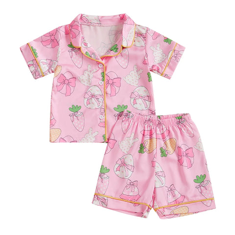 Summer Boy Girl Easter Satin Pajamas Set Bunny Print Short Sleeve Lapel Button Down Tops with Shorts Sleepwear