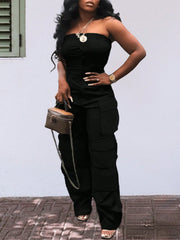 Solid Color Casual Overalls Jumpsuit, Sexy Straight Tube Tube Top Long Jumpsuit, With Pockets, Women's Wear