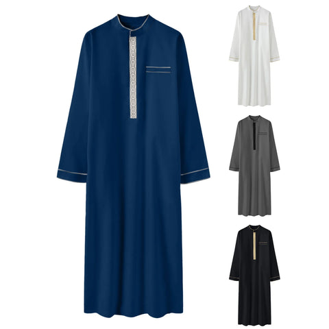 2025 Muslim Men Robe Embroidered Loose Long Skirt Ramadan Prayer Kaftan Pakistan Attire Thobe Gentleman Traditional Dress