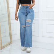 Women'S Ripped Boyfriend Jeans Draping Straight Leg Jeans Ladies Stretch Hole Denim Trousers Button Pocket High Rise Pant