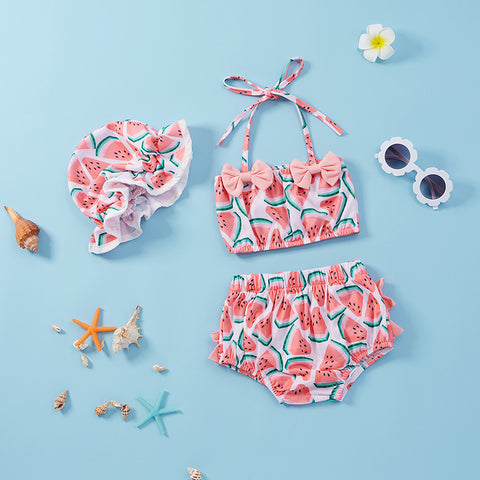 2021-04-05 Lioraitiin 0-24M Baby Girls 3Pcs Split Swimsuit Set Watermelon Print Sleeveless Bikini Bow-knot+Shorts+Stretchy Hat