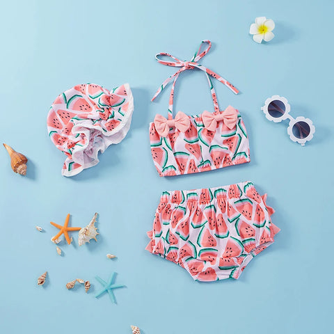 2021-04-05 Lioraitiin 0-24M Baby Girls 3Pcs Split Swimsuit Set Watermelon Print Sleeveless Bikini Bow-knot+Shorts+Stretchy Hat