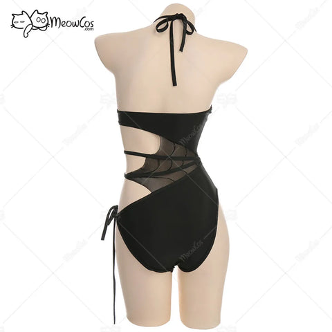 Meowcos Women Gothic Sexy Swimsuits for Women Halter Mesh Cutout One-Piece Swimsuit Tummy Control Bathing Suit