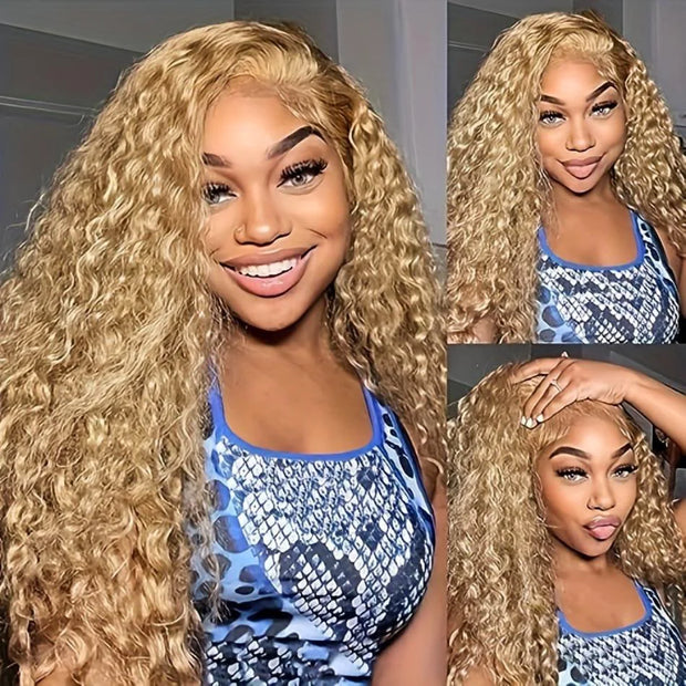 Wiggogo Honey Blonde Curly Human Hair Colored Wig Deep Wave 13X6 Hd Lace Front 100% Human Hair Wigs 13X4 Lace Frontal Wig