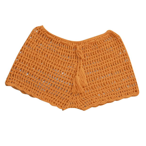 Women's Summer Solid Color Handwoven Crochet Bikini  Shorts Beach Swimming Pants Stretchable Strap Hollow Flat Corner Pants