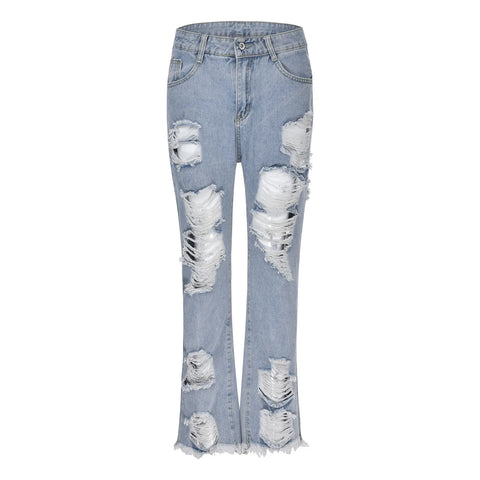 Fashion Streetwear Holes Jeans Women Summer New Mid High Waist Distressed Ripped Denim Pants Stylish American Style Jeans Pants