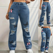 Oversized Womens Jeans Boyfriend Jeans Plus High Waist Wide Leg Jeans Woman Blue Jeans Butterfly Printed Trousers With Holes
