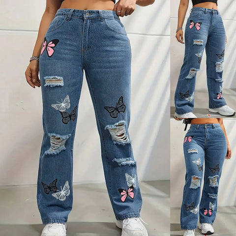 Oversized Womens Jeans Boyfriend Jeans Plus High Waist Wide Leg Jeans Woman Blue Jeans Butterfly Printed Trousers With Holes