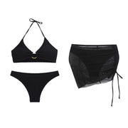 Bikini Women'S Sexy Solid 3 Piece Bathing Suit Seductive Hollow Buckle Biquini With Adjustable Drawstring For Womens купальники